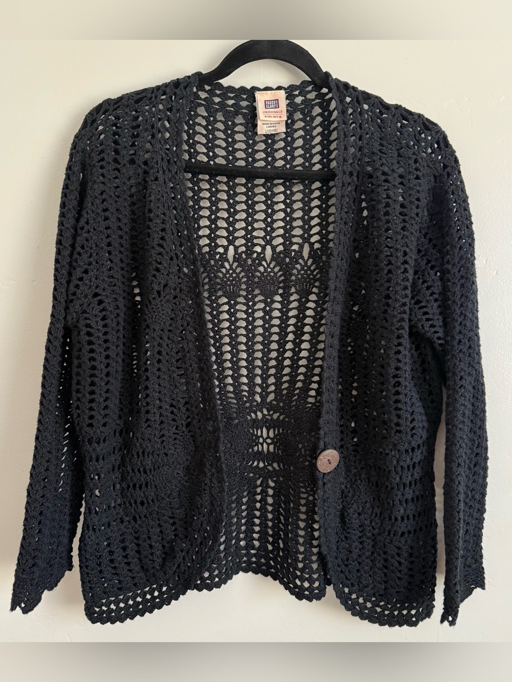 Vintage Faded Glory Crochet Openwork Black Cardigan Sweater Size L